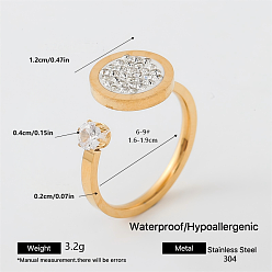 Golden 304 Stainless Steel Rhinestone Cuff Rings for Couple, Round, Golden, 12mm, US Size 9(18.9mm)