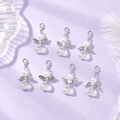 Античный Серебристый & Платиновый Подвеска в форме сердца ангела из стекла и стеклянного жемчуга, с цинковым сплавом застежками омаров коготь, старинное серебро и платина, 40~41 мм, 7 шт / комплект