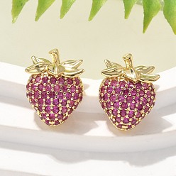 Настоящее золото 18K Латунные микро проложить серьги стержня кубического циркония, стойки покрытие, долговечный, без свинца и без кадмия, клубника, реальный 18 k позолоченный, 16x12 мм