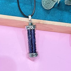 Синий Драгоценный Камень Кулон из цинкового сплава в виде шестиугольной стеклянной бутылки с внутренними синими синтетическими золотистыми каменными вставками, ожерелье из черной искусственной кожи., платина, 19.69 дюйм (50 см)