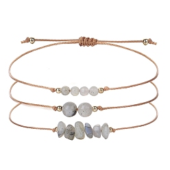 Лабрадорита Регулируемые натуральные лабрадоритные плетеные браслеты из бисера, с латунной бисера, 5-7/8~11-3/4 дюйм (15~30 см), 3 шт / комплект