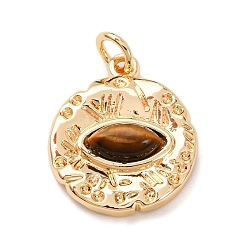 Настоящее золото 18K Подвески из латуни и натурального тигрового глаза, с целью перехода в кольце, стойки покрытие, долговечный, плоский круглый шарм, реальный 18 k позолоченный, 18x15x4 мм, отверстие : 3.4 мм