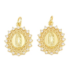 Oro Latón micro pavimenta claro colgantes de circonio cúbico, óvalo con dijes de virgen maría, sin plomo y cadmio, chapado en rack, larga duración plateado, dorado, 19x15.5x2.5 mm, agujero: 3 mm