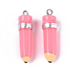Ярко-Розовый Непрозрачные подвески смолы, карандаш, с платиновым тоном железная петля, ярко-розовый, 31~33.5x8~9.5 мм, отверстие : 2 мм