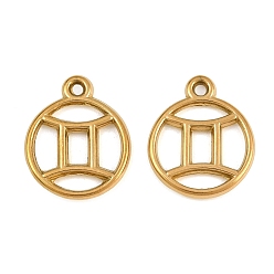 Gemini 304 Stainless Steel Pendants, Round with Twelve Zodiac Signs Charms, Ion Plating(IP), Cut-Out, Golden, Gemini, 19x15.5x2mm, Hole: 1.5mm