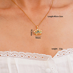 Темно-бирюзовый Подвеска в виде короны из латуни с инкрустацией кубическим цирконием 304 цепочка из нержавеющей стали для женщин, золотые, темные бирюзовый, 15.75 дюйм (40 см)