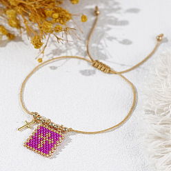 Фуксин Браслеты в богемном стиле из стеклянных бусин и подвесок из нержавеющей стали, плетеные браслеты из латунных бусин для женщин, прямоугольник с крестом, фуксиново-красные, 304 дюйм (7.87 см)