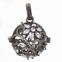 Gunmetal Brass Cage Pendants, For Chime Ball Pendant Necklaces Making, Cadmium Free & Lead Free, with Micro Pave Cubic Zirconia, Hollow Round, Clear, Gunmetal, 26x26x22mm, Hole: 2.5x8mm, Inner Measure: 18.5mm