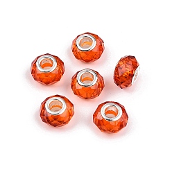 Темно-Оранжевый Краска для выпечки прозрачные стеклянные европейские бусины, бусины с большим отверстием, с медными сердечниками, граненые, рондель, темно-оранжевый, 13.5~14x9~9.5 мм, отверстие : 5 мм