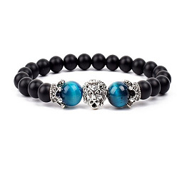 Платина Браслеты из натуральных матовых круглых бусин, Натуральные окрашенные синие бусины тигрового глаза и сплавные браслеты с тигровыми подвесками для мужчин и женщин, платина