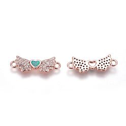 Green Brass Cubic Zirconia Links, with Synthetic Opal, Wing with Heart, Rose Gold, Green, 7x21x2mm, Hole: 1.6mm