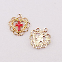 Red Alloy Enamel Pendants, Golden, Heart with Cross, Red, 21x20x2mm