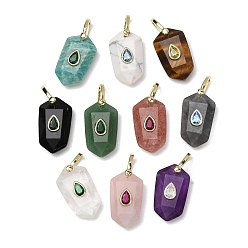 Mixed Stone Natural Mixed Stone Pendants, Faceted Hexagon Charms with Brass Micro Pave Cubic Zirconia Findings, Golden, 32.5x14.5x9mm, Hole: 4.5x6.5mm