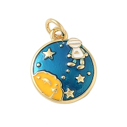 Золотистый Латунь эмаль подвески, плоский круглый с амулетом астронавта, с целью перехода в кольце, без свинца и без кадмия, долговечный, стойки покрытие, реальный 18 k позолоченный, золотые, 16x14x2.5 мм, отверстие : 3.4 мм