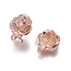 Розовое Золото Латунные серьги-гвоздики из циркония, французские серьги-клипсы, с петлей, роза, прозрачные, розовое золото , 18.5x15x10.5 мм, отверстие : 1.8 мм, штифты : 0.7 мм