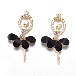 Black Alloy Big Pendants, with Resin & Crystal Rhinestone, Faceted, Ballerina, Golden, Black, 59~60x30~31x4.5mm, Hole: 2.5mm