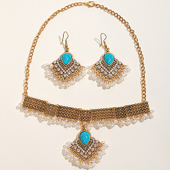Золотой Комплекты серег и ожерелий из сплава ромбов и синтетической бирюзы в стиле бохо, золотые, 410 мм
