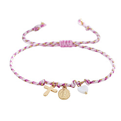 Pink Браслеты с подвесками из латуни и натуральных ракушек, регулируемые плетеные браслеты из волоконного шнура для женщин, крест и овал с Девой Марией и сердцем, розовые, внутренний диаметр: 11 дюйм (28 см)