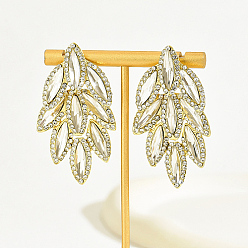 Clear Real 18K Gold Plated Stainless Steel Stud Earrings, Glass Rhinestone Leaf Earrings for Women, Clear, 55x30mm