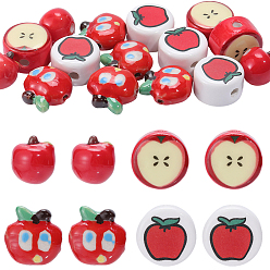 Red 20Pcs 4 Styles Christmas Theme Handmade Porcelain Beads, Food Theme, Apple, Red, 12.5~17x11.5~16x8~11.5mm, Hole: 1.6~3mm, 5pcs/style