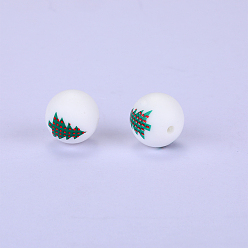 Green Christmas Printed Round with Christmas Tree Pattern Silicone Focal Beads, Green, 15x15mm, Hole: 2mm