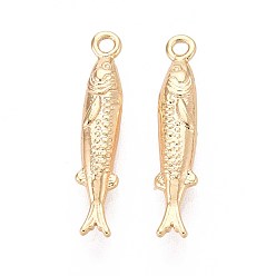 Настоящее золото 18K Латунные подвески, рыба, реальный 18 k позолоченный, 18.5x3.5x2.5 мм, отверстие : 1.2 мм
