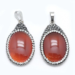 Carnelian Natural Carnelian Pendants, with Rhinestone and Brass Findings, teardrop, Dyed, Platinum, 34x21x7mm, Hole: 5x8mm