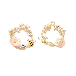 Pink Подвески из эмали и сплава, горный хрусталь с акрилом, золотые, Пчела и цветок, розовые, 20x20.5x4.5 мм, отверстие : 1.8 мм