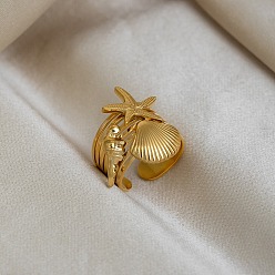 Золотой 304 открытые манжеты из нержавеющей стали для женщин, форма раковины и статфиш, золотые, 24 мм, размер США 9 3/4 (19.5 мм)