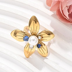 Настоящее золото 18K 304 из нержавеющей стали Манжета кольца для женщин, цветок, с фианитами и пластиковыми бусинами, реальный 18 k позолоченный, Цветок: 31x32 мм