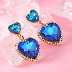 Синий Серьги-гвоздики в форме сердца из цинкового сплава и стекла, со стразами, золотые, синие, 40x22 мм