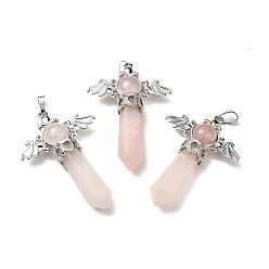 Rose Quartz Natural Rose Quartz Pendants, Angel Charms, with Rack Plating Platinum Tone Brass Findings, Cadmium Free & Lead Free, 52~53x37x11mm, Hole: 8x5mm