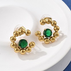 Темно-Зеленый 304 из нержавеющей стали серьги, с кубического циркония, реальный 18 к глод, c-образный, темно-зеленый, 17.5x16 мм