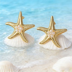 Starfish Ocean 304 Stainless Steel Stud Earrings, with Resin Pearl, Golden, Starfish, 39.5x40.5mm