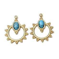 Golden Dyed Synthetic Turquoise Pendants, 303 Stainless Steel Sun Bezeled Charms, Ion Plating(IP), Golden, 22.5x17.5x3mm, Hole: 1.4mm