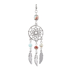 Antique Silver Alloy Woven Web/Net with Feather Hanging Ornaments, with Synthetic Imperial Jasper Decorations, Antique Silver, 109mm