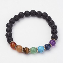 Lava Rock Lava Rock Beaded and Gemstone Beaded Stretch Bracelets, with Alloy Spacer Beads, 1-7/8 inch~2 inch(49~50mm)