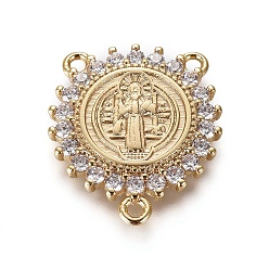 Золотой Латунные звенья из циркония, 3 Разъемы петли, религия, цветок со святым бенедиктом, прозрачные, золотые, 18.5x16x2.5 мм, отверстие : 1 мм