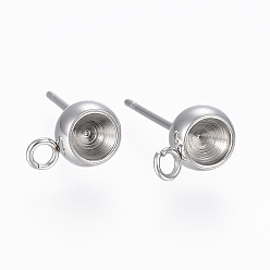 Stainless Steel Color Non-Tarnish 201 Stainless Steel Ball Stud Earring Post, Earring Settings for Pointed Back Rhinestone, with Loops and 304 Stainless Steel Pins, Stainless Steel Color, Tray: 4mm, 15.5x6x4.5mm, Hole: 2mm, Pin: 0.8mm