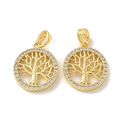 Настоящее золото 18K Подвески из латуни с микропаве из циркония, плоская круглая с подвесками дерево жизни, без кадмия, без никеля и без свинца, реальный 18 k позолоченный, 16.5x14.5x2.5 мм, отверстие : 3.5x2.5 мм