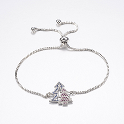 Платина Регулируемые латунные браслеты из микропаве из циркония и боло, слайдерные браслеты, с латунной коробки цепей, рождественская елка, платина, 10-1/4 дюйм (260 мм)