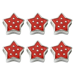 Roja 6 piezas 304 cuentas europeas de acero inoxidable, con esmalte, abalorios de grande agujero, estrella, rojo, 10.8x10x7 mm, agujero: 4.5 mm