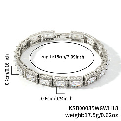 Белый Элегантные латунные прямоугольные звенья цепи браслеты для женщин кубический цирконий, со стразами, белые, 7-1/8 дюйм (18 см), ссылка: 60x40 mm