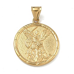 Real 20K Gold Plated 304 подвески из нержавеющей стали, плоская круглая форма с подвеской Святого Михаила, ионное покрытие (ip), долговечный, реальный 20 k позолоченный, 34.5x30x2.5 мм, отверстие : 4x9 мм