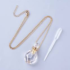Quartz Crystal Natural Quartz Crystal Openable Perfume Bottle Pendant Necklaces, with 304 Stainless Steel Cable Chain and Plastic Dropper, Bottle, Size: about 34~40 long, 15~20mm wide