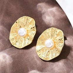 Настоящее золото 18K Овальные серьги-гвоздики из латуни, с абс пластмассовой имитационной жемчужиной, стойки покрытие, долговечный, без кадмия и без свинца, реальный 18 k позолоченный, 29x23 мм