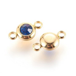 Sapphire 304 Stainless Steel Rhinestone Links connectors, Flat Round, Golden, Sapphire, 12x6.5x4mm, Hole: 2mm