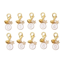 Белый Плоские круглые с цифрой 0~9 сплав эмали подвесные украшения, с цинковым сплавом застежками омаров коготь, белые, 33 мм, 10 шт / комплект