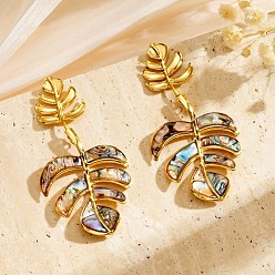 Лист 304 серьги-гвоздики из нержавеющей стали и ракушек для женщин, золотые, лист, 67x34 мм