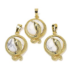 Говлит Плоские круглые подвески из натурального хаулита из латуни, стойки покрытие, без кадмия и без свинца, золотые, 29.5x21.5x9.5~11 мм, отверстие : 7.5x4.5 мм